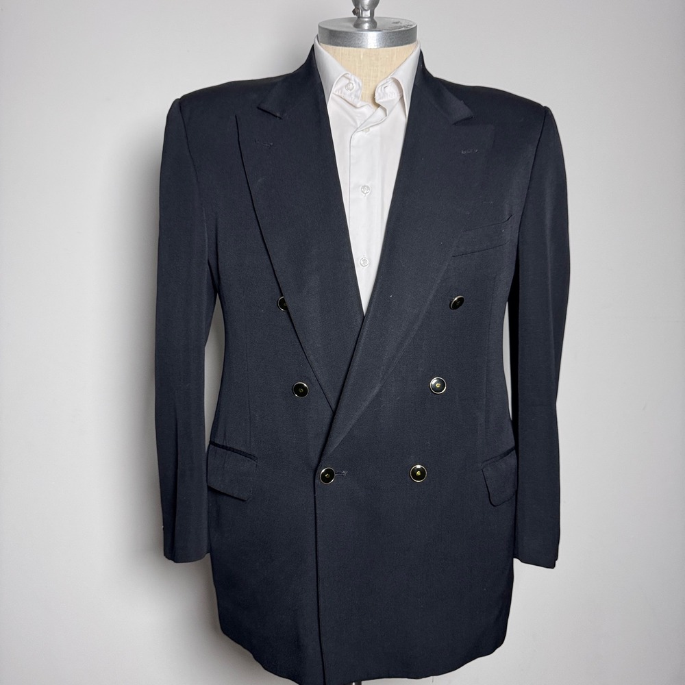 Joseph Abboud Blazer Mens 42 Navy Solid Double Breasted Gold Button Sport Coat
